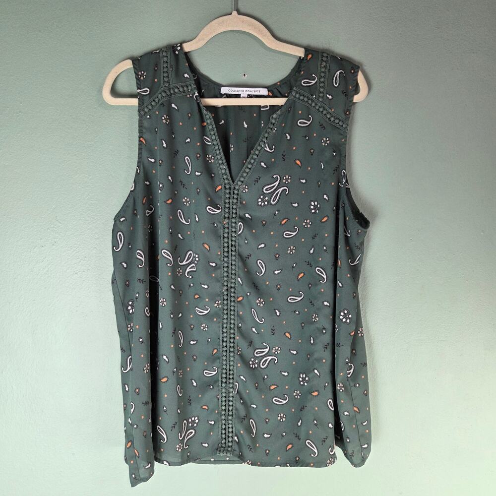 Collective Concepts Womens Green Sleeveless V-Neck Top Size 2X Paisley Floral